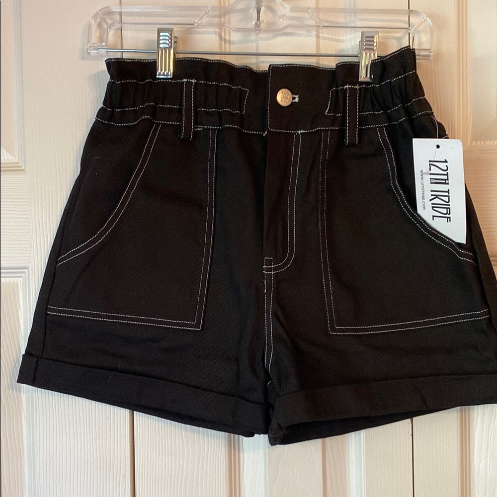 12th Tribe Black High Waist Shorts with Paper-Bag Style